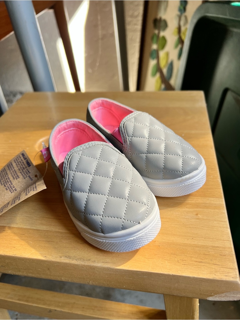 oomphies Gray Quilted Toddler Slip-On Sneakers with Pink Lining